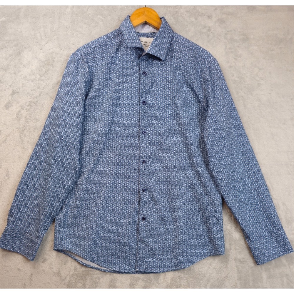Con.Struct Shirt Mens Large Slim Fit Blue Rose Floral 4-Way Stretch Performance